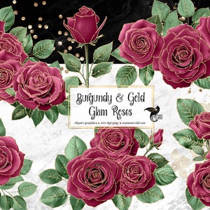 Burgundy and Gold Glam Rose Clip Art, digital instant download glitter flower png embellishments, pink rose, gold glitter roses