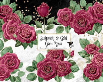 Burgundy and Gold Rose Clip Art, Glitter Flower PNG (Digital Download)