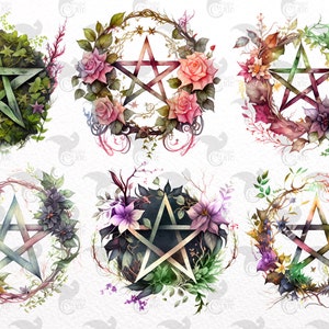 Watercolor Pentagram Clipart floral pentacle PNG format instant download for commercial use image 3