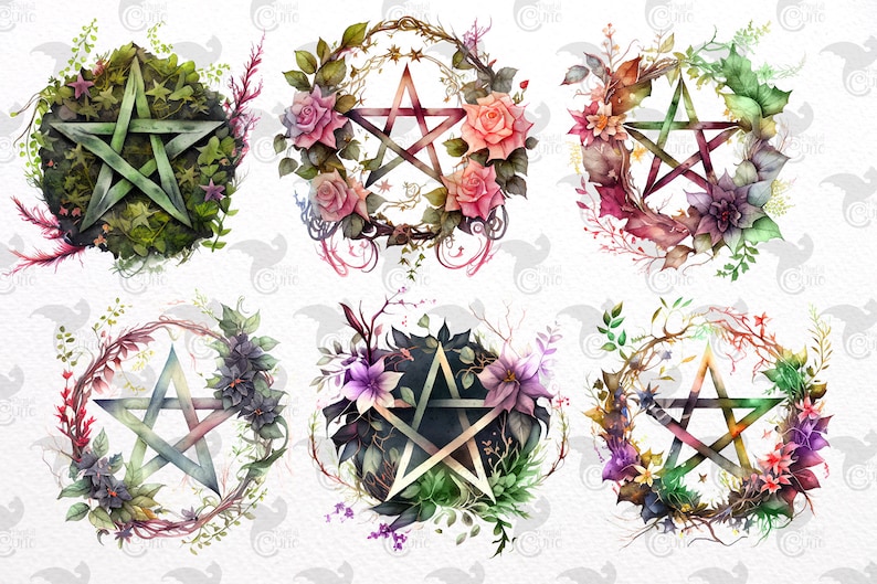 Watercolor Pentagram Clipart floral pentacle PNG format instant download for commercial use image 3