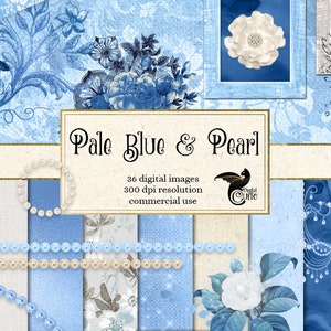 Kit di scrapbooking digitale blu pallido e perla - PNG fantasy vintage Pizzo, perle, fiori, cornice, bordi, download immediato di clipart