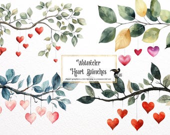 Watercolor Heart Branches Clipart – Hanging Heart Valentine PNG Clip Art (Commercial Use)