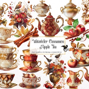 Watercolor Cinnamon Apple Tea Clipart, autumn gold tea cups, garden tea clip art PNG graphics instant download for commercial use