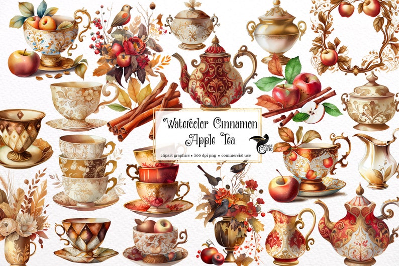 May include: Watercolor illustrations of teacups, teapots, and other tea-related items with a cinnamon apple tea theme. The illustrations feature autumnal colors, such as red, orange, and brown, and include details like cinnamon sticks, apples, and leaves.