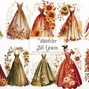 Watercolor Fall Formal Gowns Clipart, fall wedding dresses and gowns PNG clip art graphics instant download for commercial use