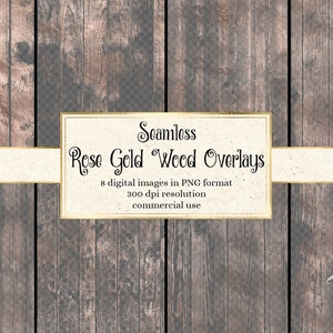Superposiciones de madera de oro rosa, texturas de madera de oro rosa sin costuras en formato PNG con fondos transparentes descarga instantánea uso comercial