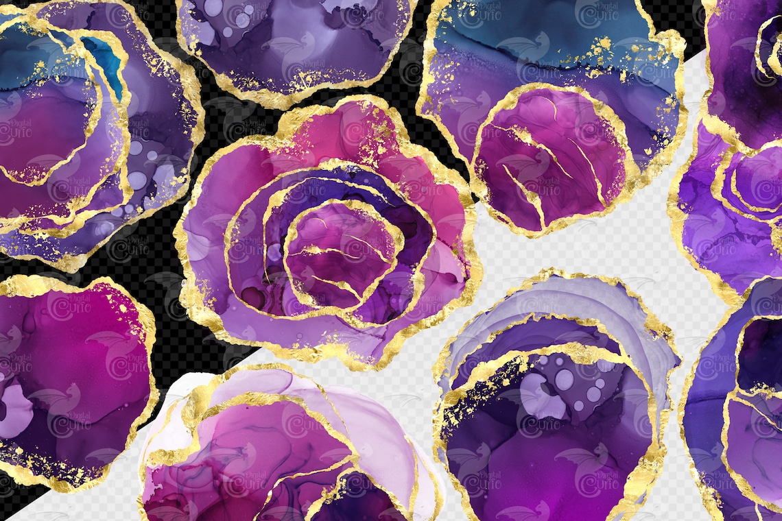 Purple Ink Geodes Clipart Gold Foil Agate Gems in Png Format - Etsy