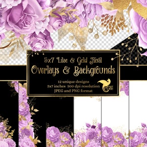 5x7 Lila und Gold Floral Overlays für Einladungen, Planer, Journal Seiten, Vintage Blumen Clipart, Hochzeit Rahmen Clip Art Bild 1