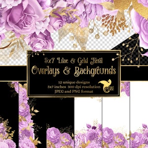 5 x 7 Lila en goud bloemen Overlays voor uitnodigingen, planners, dagboekpagina's, vintage bloem clipart, bruiloft frames clip art