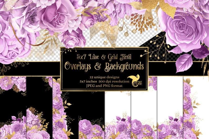 5x7 Lilac and Gold Floral Overlays for invitations, planners, journal pages, vintage flower clipart, wedding frames clip art image 1