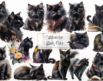 Clipart de Gatos Pretos em Aquarela – Gatinhos Floridos PNG (Uso Comercial)