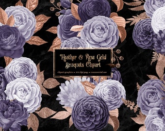 Heather Rose Gold Floral Clipart, Purple Glitter Wedding Flowers (Digital Download)