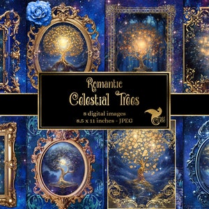 Romantic Celestial Trees Journal Paper, notebook digital paper rococo fantasy junk journal pages printable 8.5x11 paper instant download