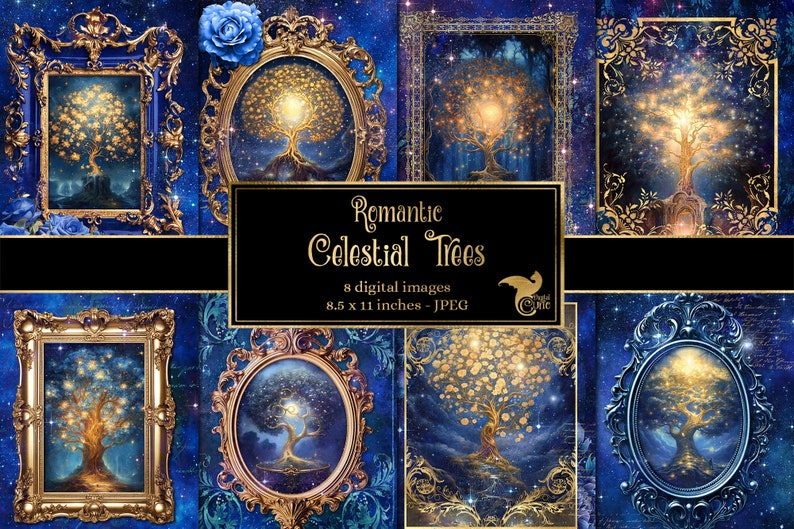 Peut inclure: Huit images num&eacute;riques d'arbres dor&eacute;s lumineux dans des cadres dor&eacute;s orn&eacute;s sur un fond bleu fonc&eacute; &eacute;toil&eacute;. Le texte "Romantic Celestial Trees" et "8 images num&eacute;riques 8.5 x 11 pouces - JPEG" est affich&eacute; sous les images.