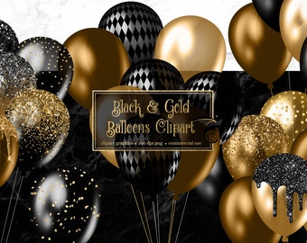 Black and Gold Balloons Clipart, glitter balloon png digital overlays with glitter confetti for birthdays instant download commercial use