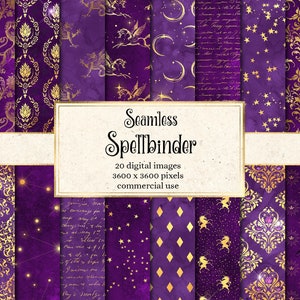 Spellbinder Digital Paper, naadloze fantasie achtergronden, sterrenhemel galaxy texturen, gouden sterren, eenhoorns, draken spell boek downloaden