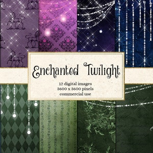 Enchanted Twilight Digital Paper, fairy lights backgrounds, peacock vintage textures, blue fantasy digital paper, gothic damask scrapbooking
