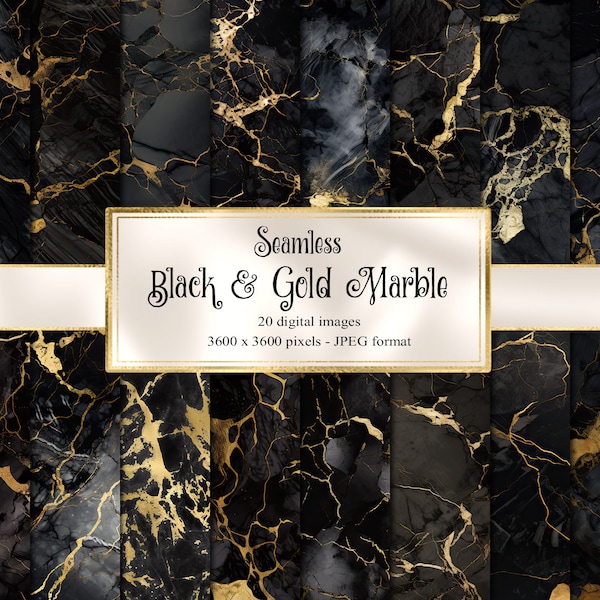 Black and Gold Marble Digital Paper, seamless black marble, marble backgrounds, digital scrapbook paper