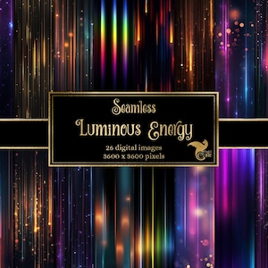 May include: A digital art piece featuring a collection of seamless images with a luminous energy theme. The images showcase vertical light streaks in vibrant colors like purple, orange, and blue, with the text "Seamless Luminous Energy".