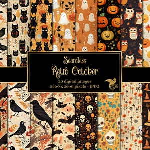 Papel digital retrô de outubro, padrões fofos de Halloween, fundos assustadores sem costura, papel de álbum de recortes para impressão no outono