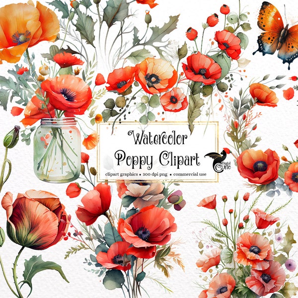 Clipart de coquelicots aquarelle - fleurs de pavot de Californie floral et bouquets en téléchargement instantané au format PNG pour un usage commercial