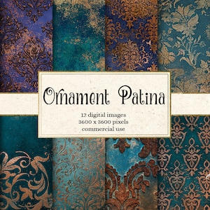 Aged Copper Ornament Digital Paper, Damask Patina Backgrounds (Digital Download)