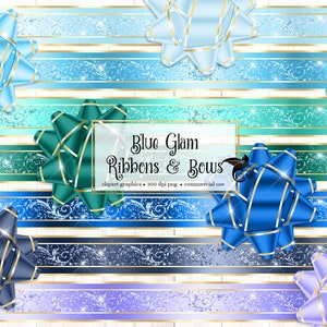 Blaue Glam Bänder und Bögen Clipart - süße Weihnachten oder Geburtstag Geschenk Geschenk png Clip Art Grafiken sofortiger Download für kommerzielle Nutzung