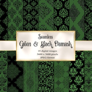 Green and Black Damask Digital Paper, Gothic Digital Paper, seamless witch Backgrounds Damask printable scrapbook paper