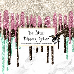 Ice Cream Dripping Glitter Clipart, sparkling glitter drip overlays glitter frosting clip art for birthdays or baby showers commercial use