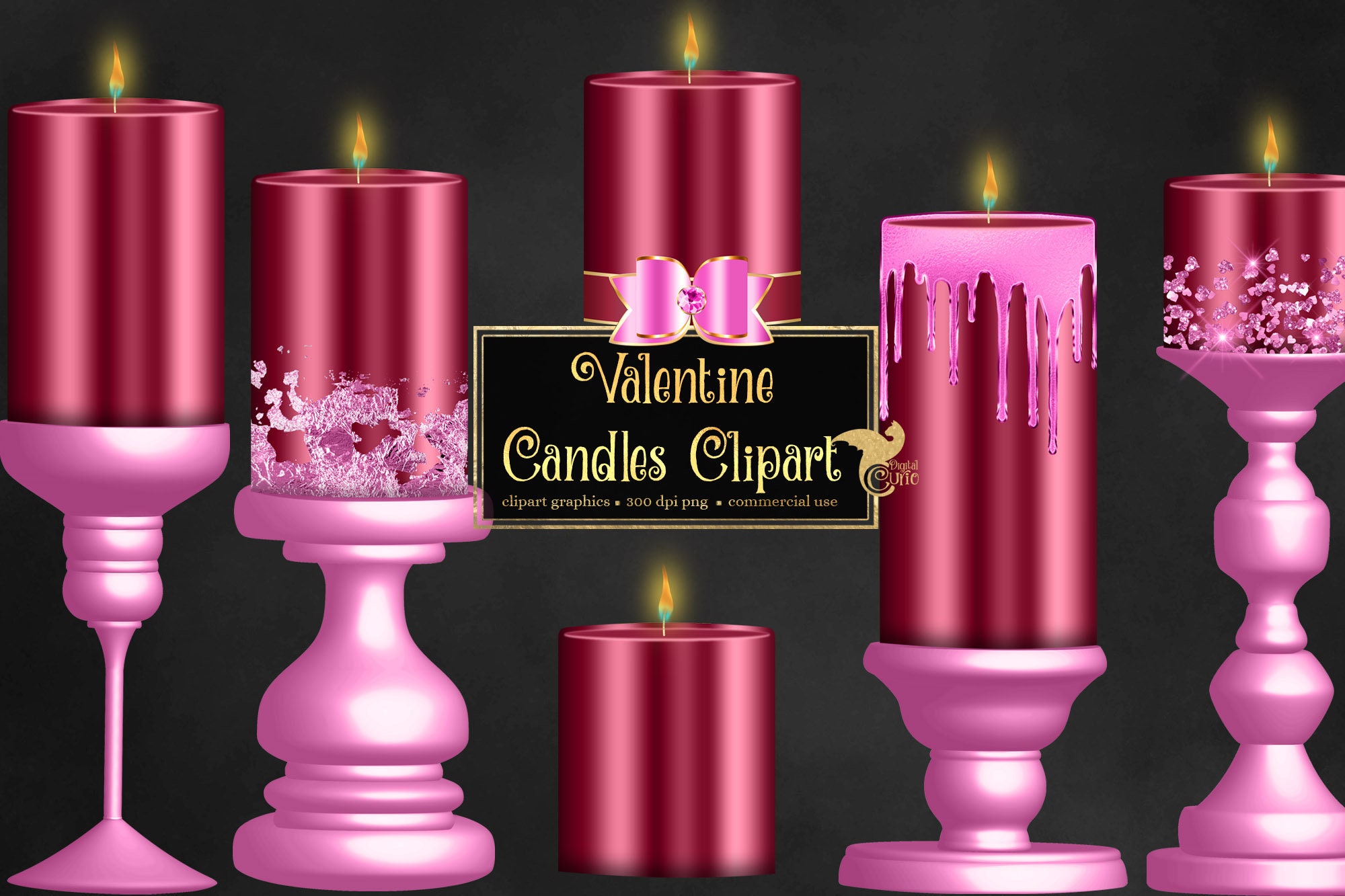 Valentine Candles Clip Art Digital Candle Graphics in Pink and