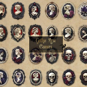 May include: A collection of oval-shaped cameos with various designs. Some feature classical female busts, others include roses, and skulls. The color palette includes red, black, white, and purple, with ornate frames. The text "Gothic Rose Cameos" is displayed on a black banner.