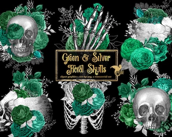 Clipart z czaszką w kolorze zielonym i srebrnym, antyczne ilustracje (pobieranie cyfrowe PNG)