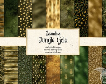 Jungle Gold Digital Paper - dark green and gold seamless patterns with glitter and foil instant download for commercial use