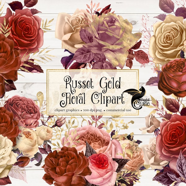 Russet Gold Floral Clipart, fall wedding roses and vintage rustic autumn flower bouquets PNG format instant download commercial use