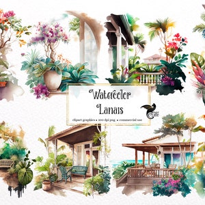Watercolor Lanai Clipart - tropical Hawaiian lanai scenery in PNG format instant download for commercial use