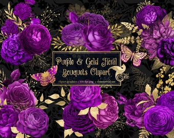 Purple and Gold Floral Clip Art, digital instant download painted watercolor flower png embellishments, purple rose, gold glitter roses