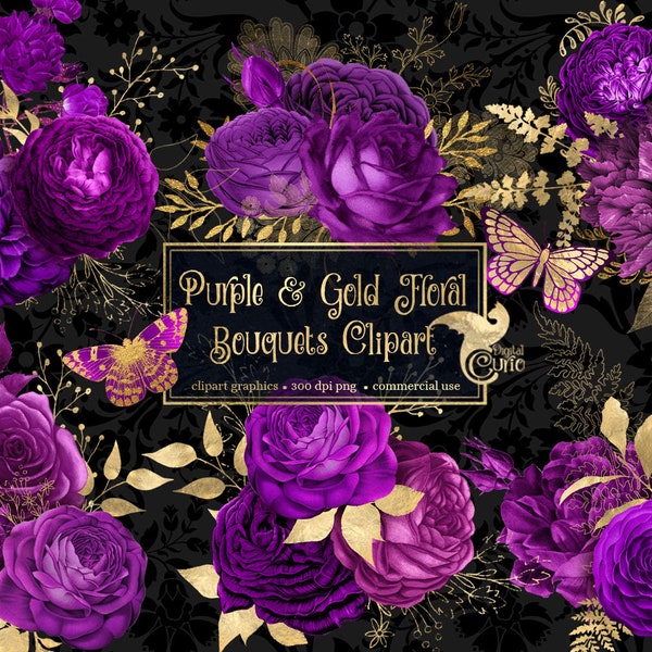 Purple and Gold Floral Clip Art, digital instant download painted watercolor flower png embellishments, purple rose, gold glitter roses