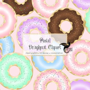 Op de afbeelding: Pastelkleurige donuts met gouden rand en sprinkles. De donuts zijn in een cirkel op een roze achtergrond gerangschikt. De tekst "Pastel Doughnut Clipart" staat in het midden van de afbeelding.