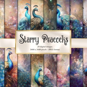 Papier numérique Starry Peacocks, pages de scrapbooking imprimables en papier numérique fantaisie céleste avec citrouilles et tournesols