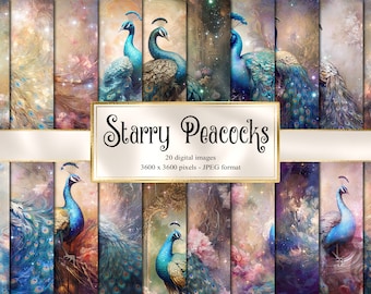 Starry Peacocks Digital Paper, Celestial Scrapbook Pages (Digital Download)