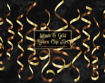 May include: A digital clip art set of bronze and gold ribbon curls. The ribbons are arranged in a random pattern on a black marble background. The text "Bronze & Gold Ribbon Clip Art" is displayed in a white box.