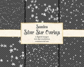 Seamless Silver Star Overlays, starry night star patterns in PNG format with transparent backgrounds instant download commercial use