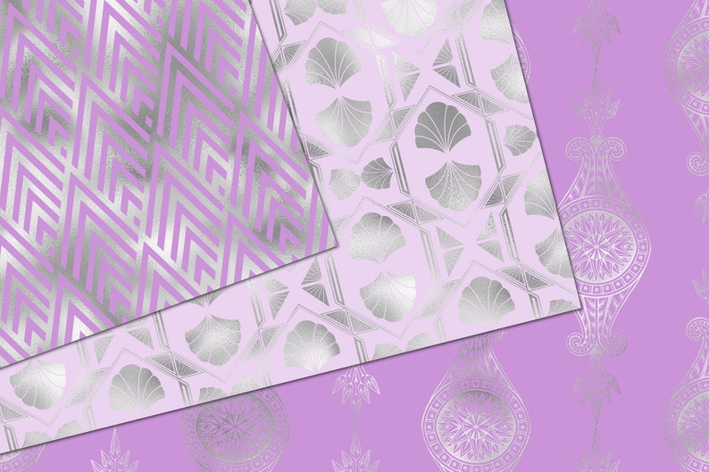 Purple and Silver Art Deco Digital Paper, Shimmering Patterns ...