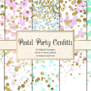Papel digital Pastel Party Confetti, papel de scrapbook imprimible de lunares dorados, fondos de fiesta rosa bebé niño o niña