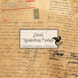 50 französische Handschrift Overlays, Vintage Buchstaben PNG Overlay Clipart und alte Papier Textur für Junk Journals Decoupage digitale Scrapbooking