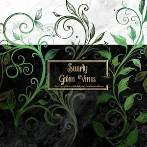 May include: Digital illustration of swirly green vines with leaves and curls. The vines are in various shades of green and are set against a black and white marble background. The text "Swirly Green Vines" is in a gold frame.