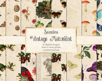 May include: A digital paper pack with 16 seamless patterns featuring vintage illustrations of butterflies, mushrooms, snails, and other nature-inspired designs. The text "Seamless Vintage Naturalist" is displayed on a gold banner.