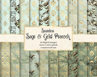 Sage and Gold Peacock Digital Paper, Seamless Foil Patterns (Digital Download)