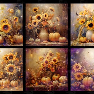 May include: A collage of six images featuring sunflowers and pumpkins. Each image has a different arrangement of sunflowers and pumpkins, with a rustic background and a soft, dreamy glow. The sunflowers are yellow and the pumpkins are orange.