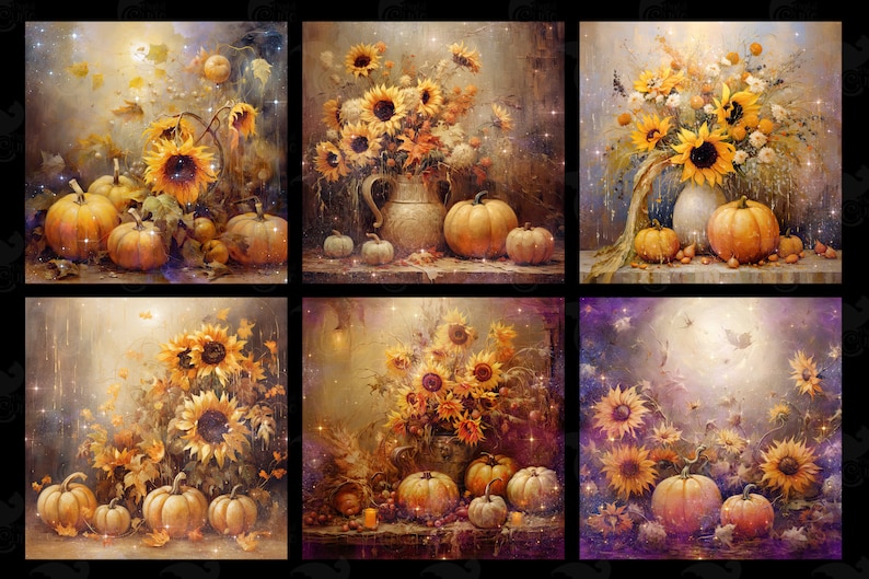 May include: A collage of six images featuring sunflowers and pumpkins. Each image has a different arrangement of sunflowers and pumpkins, with a rustic background and a soft, dreamy glow. The sunflowers are yellow and the pumpkins are orange.